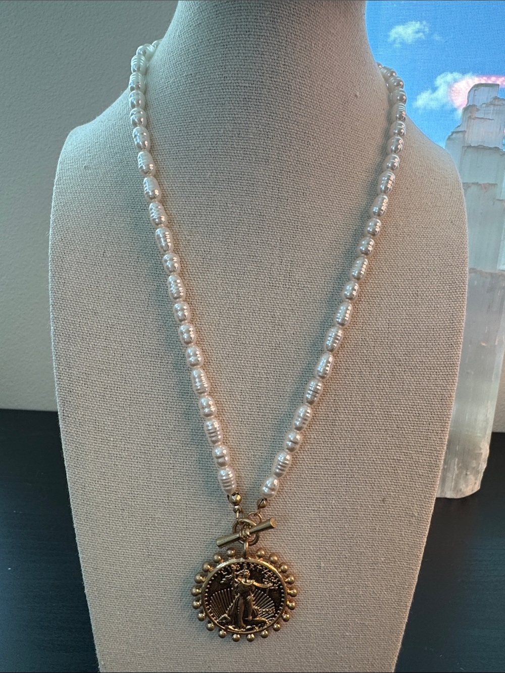Pearl Bead Necklace with Gold Medallion Pendant